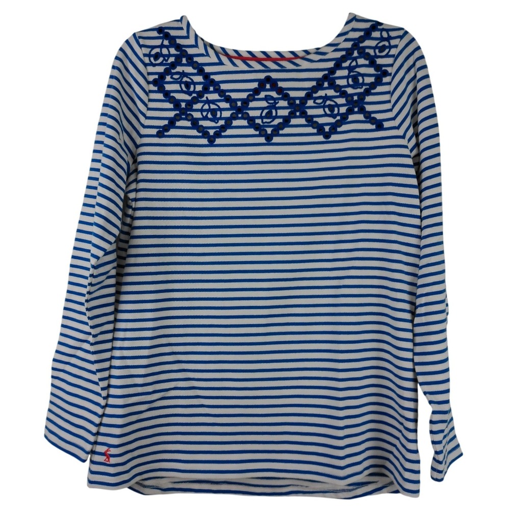 Joules Harbour Luxe Striped Eyelet Yoke Neck Top 8 Blue Breton Long Sleeve NWT